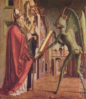 The devil having a chat with Saint Wolfgang.