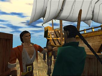Two men near an old-fashioned ship - could be pirates! Shot from Galleon